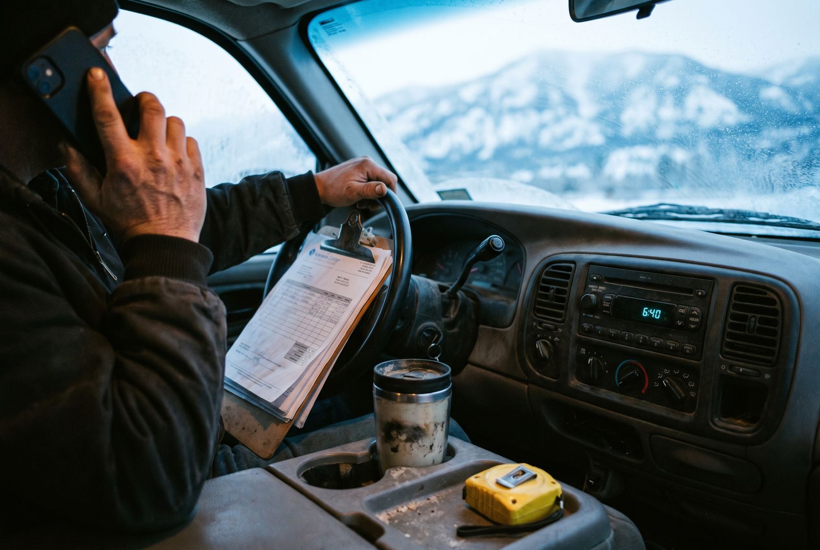A contractor sitting in his truck cab at dawn, phone to his ear, a clipboard of invoices propped against the steering wheel.