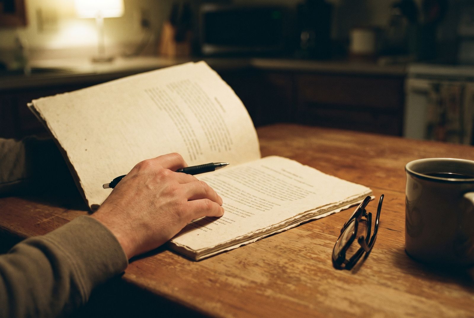 A printed analysis report open on a kitchen table at night, reading glasses and a mug beside it, a pen paused mid-page.