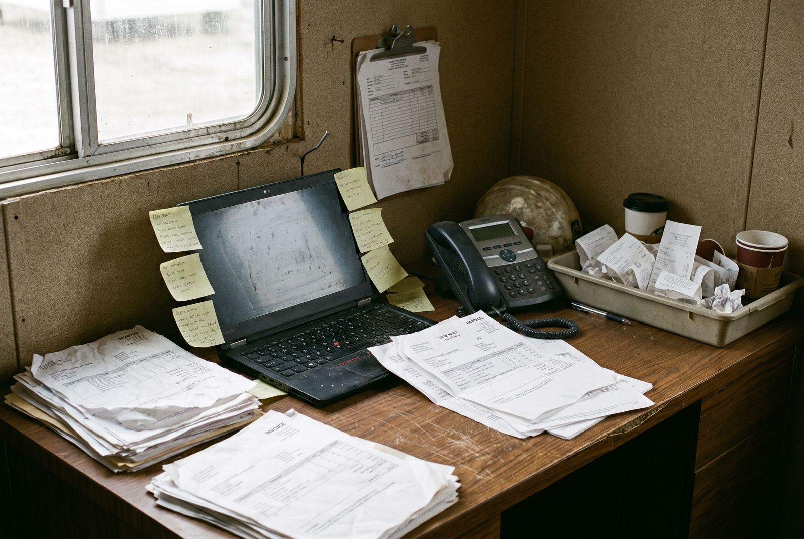 A jobsite trailer desk buried in paper invoices, sticky notes stuck to a laptop screen, receipts overflowing a tray.